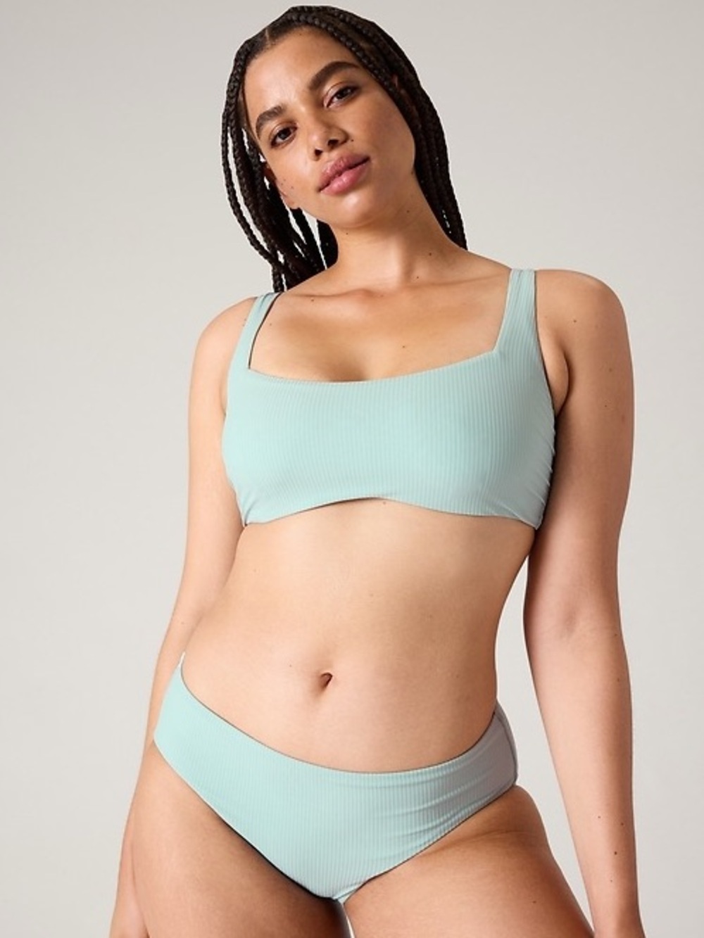 Athleta Square Neck Rib Bra Cup Bikini Top Light Blue Size 36D/DD Large